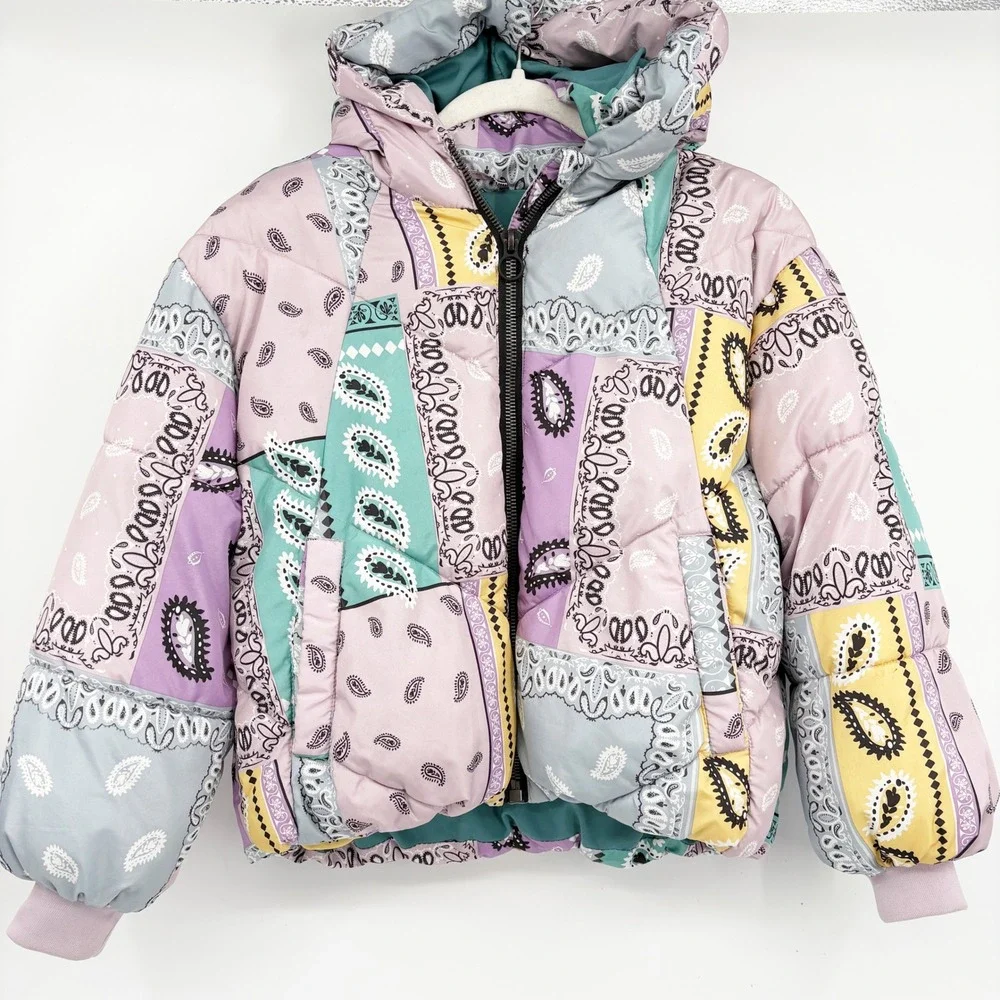 Zara Kids Patchwork Paisley Bandana Puffer Streetwear Boho Jacket Size 11-12